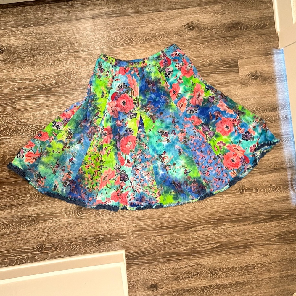 Vibrant Floral Phool Blue & Green Vintage Tie-Dye Skirt